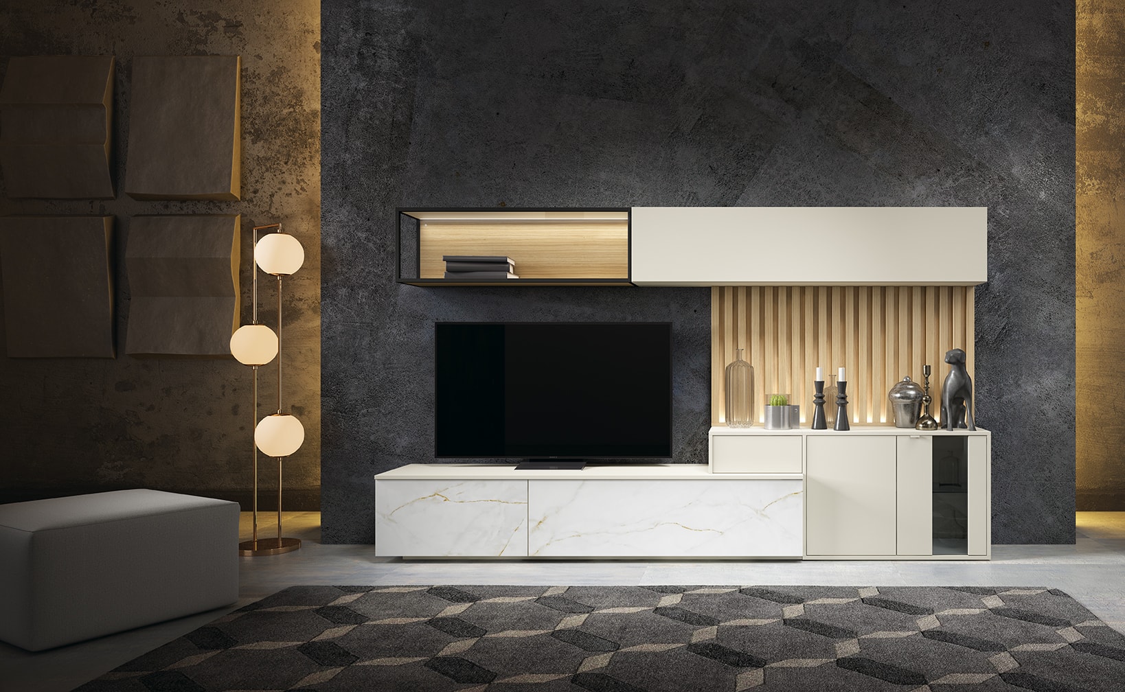 modular de salón moderno en chapa de madera natural y laca