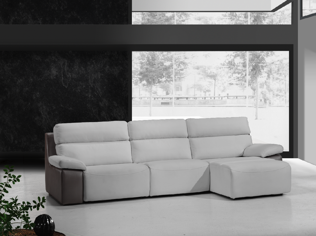 sofa piel espesorada blanca con pespunte en otro color