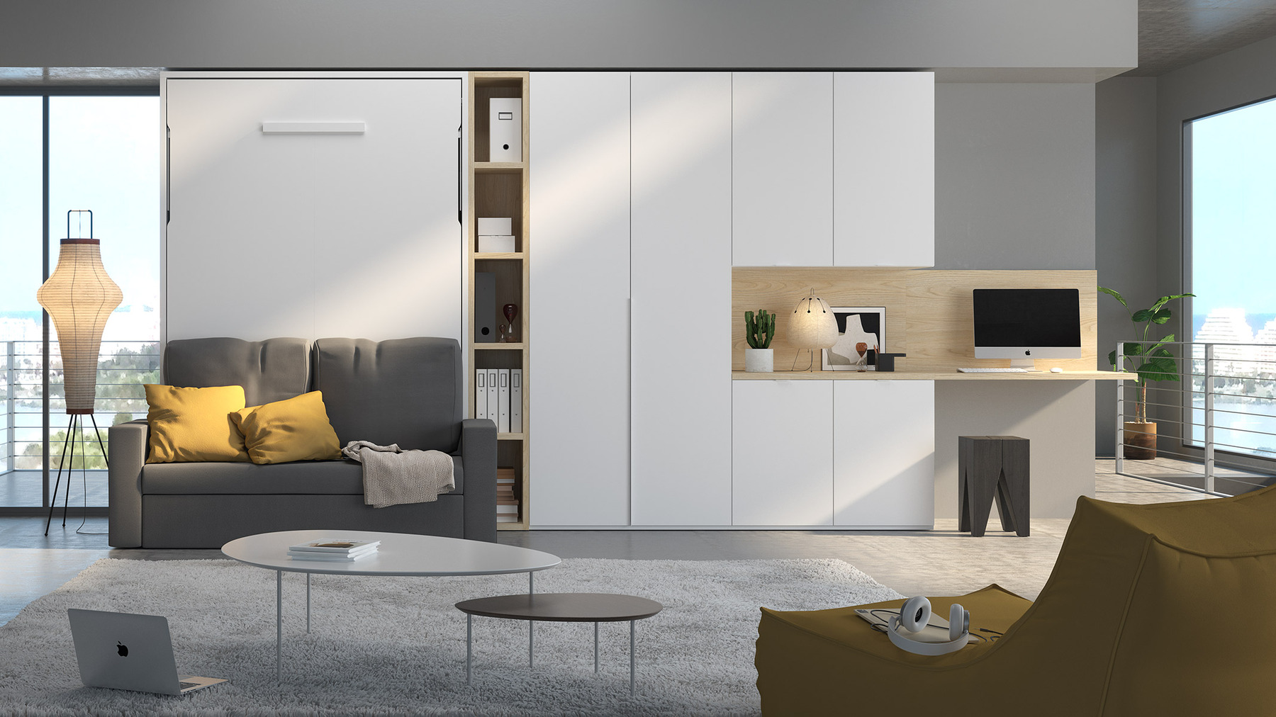 Salón con cama abatible , sofá con chaislonge, escritorio y armario