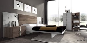 Dormitorio estilo moderno, combina nogal americano con lacado  en blanco.