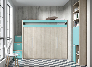 CAMA DESPLAZABLE PARA ACCESO POR DETRÁS, ARMARIO DE GRAN CAPACIDAD CON PUERTAS PLEGABLES COMBINADO CON ESTANTERÍA CON ESCRITORIO PLEGABLE.