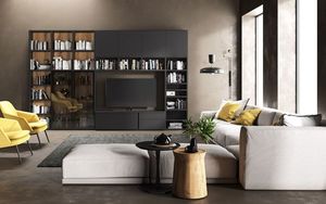 Composición de salón con librería y vitrina