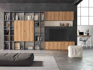 Modular con librería y mesa para tv, acabado roble nudoso