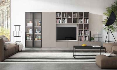 Modular de salón con zona librería y vitrina.