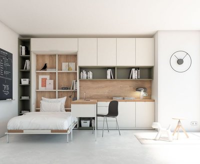 Detalle de cama abatible abierta , con estantería interior