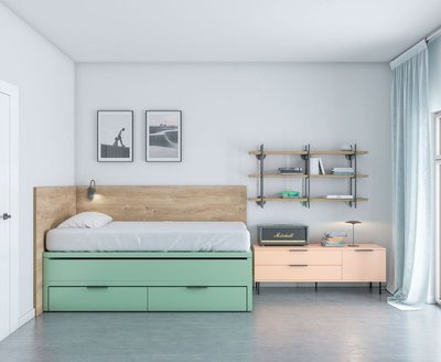Cama compacto con dos camas y cajones, varias opciones de acabados