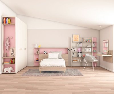 Cama con bancada con estanteria y armario a medida