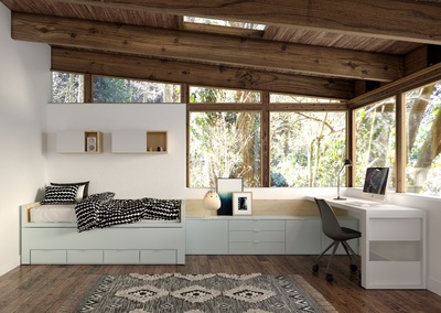 Cama compacto con cajoneras a medida y escritorio , varios acabados.
