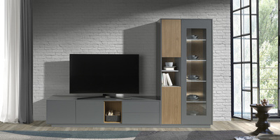 Modular de salón con vitrina y tv lacado con palillería en roble.