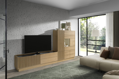 Modular de salón en roble con palillería, varios acabados y medidas.