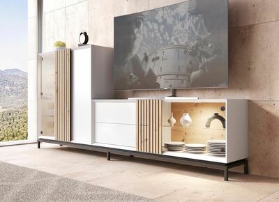 Modular de salón combinado en laca y madera