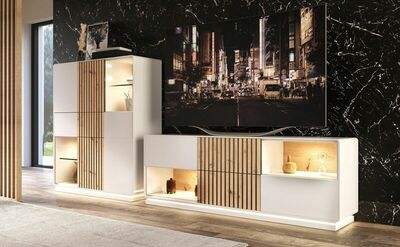 Modular de salón compuesto por vitrina y módulo de tv, varias opciones de acabados.